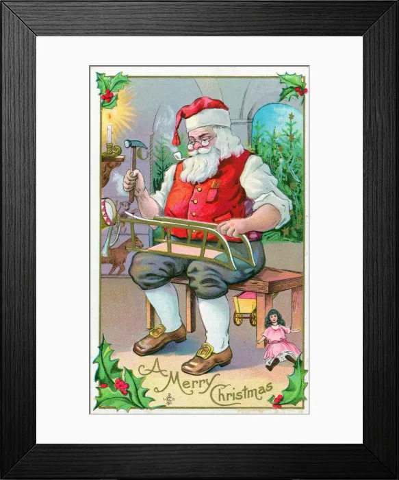 Framed Print : Santa Claus in his workshop on a Christmas postcard Framed Print : Santa Claus in his workshop on a Christmas postcard