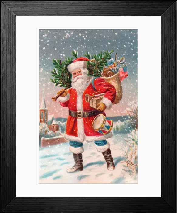 Framed Print : Santa Claus with tree and sack on a Christmas postcard Framed Print : Santa Claus with tree and sack on a Christmas postcard
