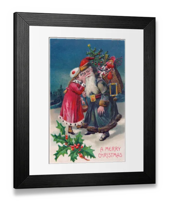 Framed Print : Santa Claus with girl and presents on a Christmas postcard Framed Print : Santa Claus with girl and presents on a Christmas postcard