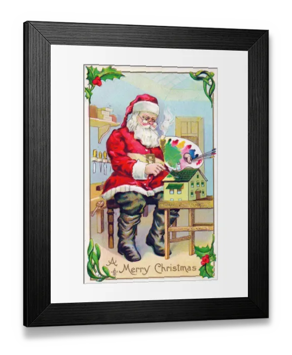 Framed Print : Santa Claus in his workshop on a Christmas postcard Framed Print : Santa Claus in his workshop on a Christmas postcard