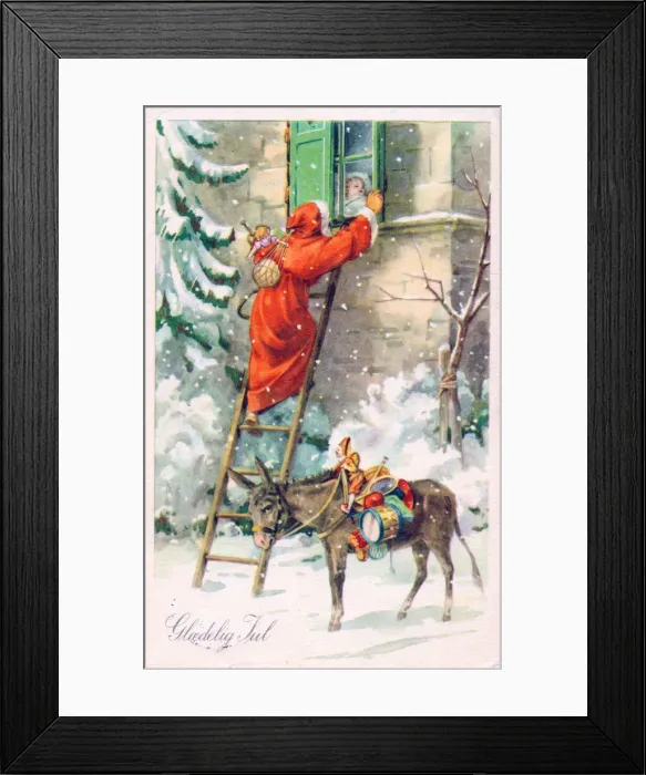 Framed Print : Santa Claus with presents on a Danish Christmas postcard Framed Print : Santa Claus with presents on a Danish Christmas postcard
