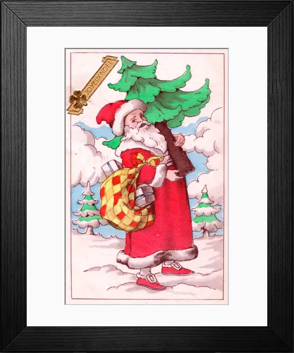 Framed Print : Santa Claus with tree on a French Christmas postcard Framed Print : Santa Claus with tree on a French Christmas postcard