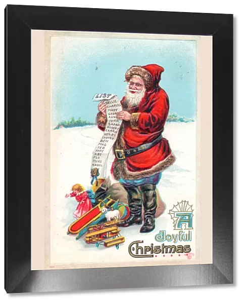 Santa Claus with list of children on a Christmas postcard