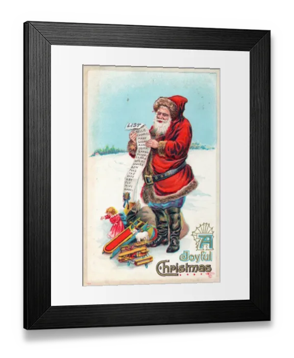 Framed Print : Santa Claus with list of children on a Christmas postcard Framed Print : Santa Claus with list of children on a Christmas postcard