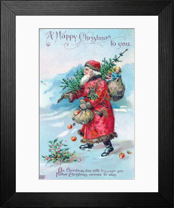 Framed Print : Santa Claus with presents on a Christmas postcard Framed Print : Santa Claus with presents on a Christmas postcard