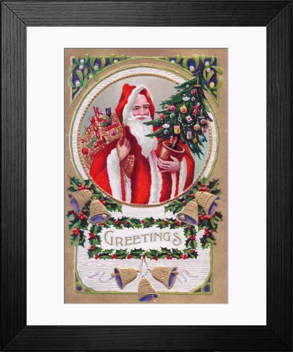 Framed Print : Santa Claus with holly and bells on a Christmas postcard Framed Print : Santa Claus with holly and bells on a Christmas postcard