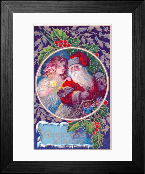 Framed Print : Santa Claus with an angel on a Christmas postcard Framed Print : Santa Claus with an angel on a Christmas postcard