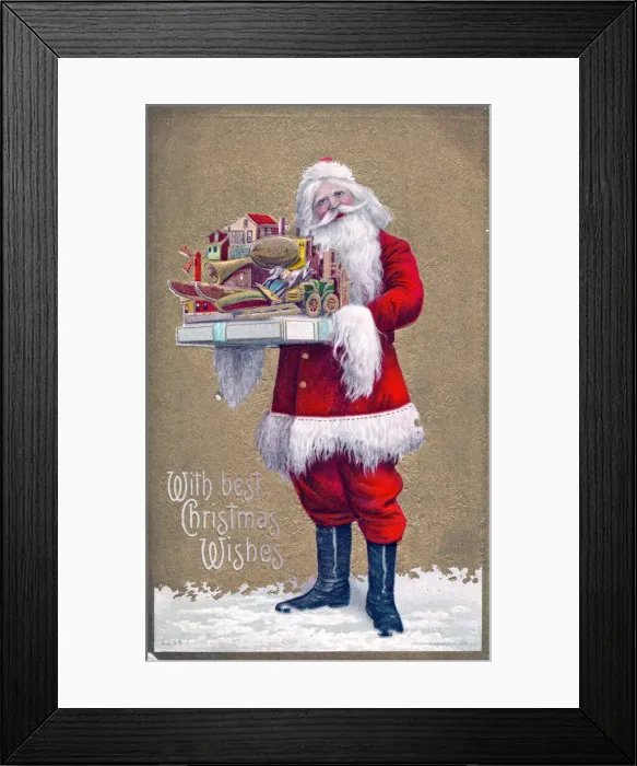 Framed Print : Santa Claus with presents on a Christmas postcard Framed Print : Santa Claus with presents on a Christmas postcard