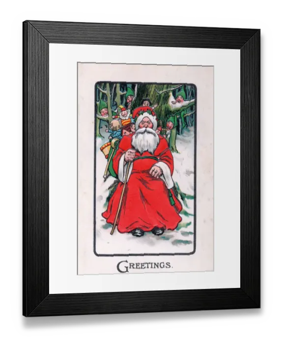 Framed Print : Santa Claus with goblins on a Christmas postcard Framed Print : Santa Claus with goblins on a Christmas postcard