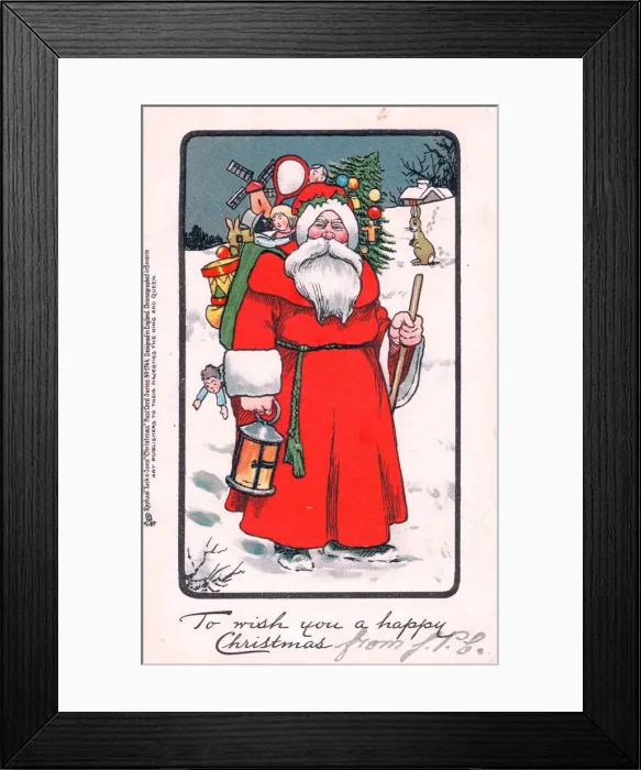 Framed Print : Santa Claus with presents on a Christmas postcard Framed Print : Santa Claus with presents on a Christmas postcard