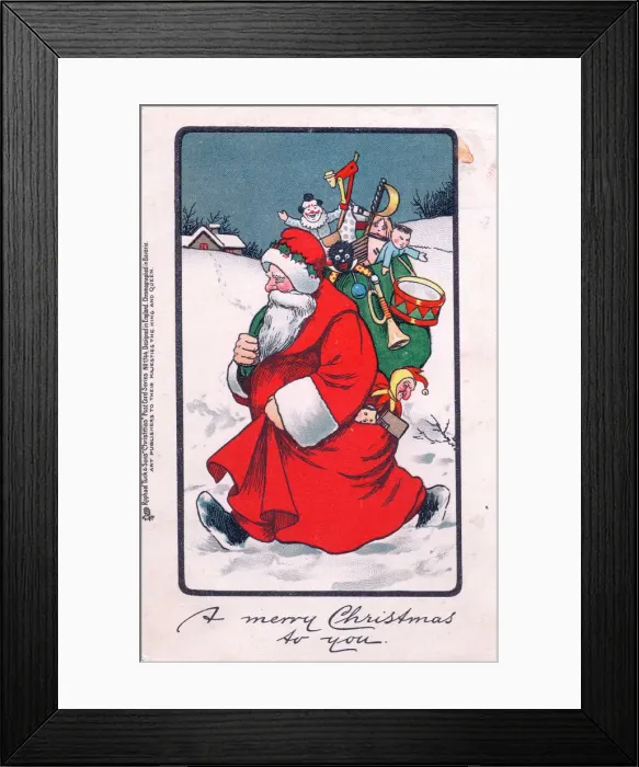Framed Print : Santa Claus with presents on a Christmas postcard Framed Print : Santa Claus with presents on a Christmas postcard