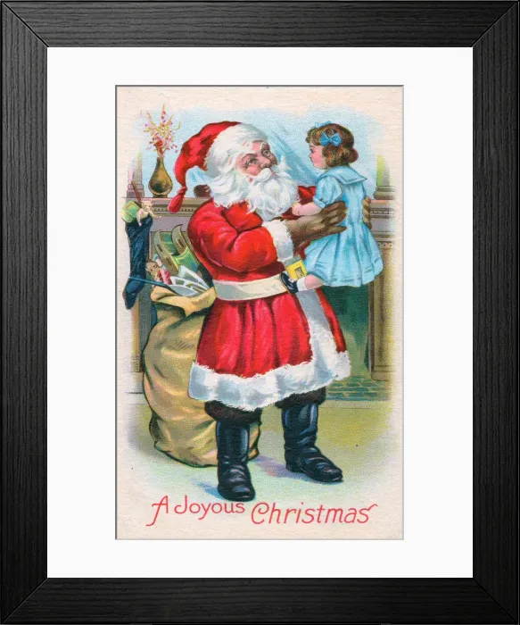 Framed Print : Santa Claus with girl and presents on a Christmas postcard Framed Print : Santa Claus with girl and presents on a Christmas postcard