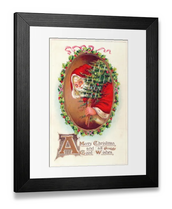 Framed Print : Santa Claus with tree on a Christmas postcard Framed Print : Santa Claus with tree on a Christmas postcard