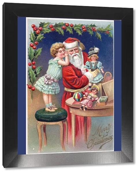 Santa Claus with girl and dolls on a Christmas postcard
