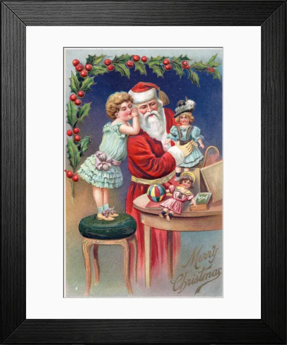 Framed Print : Santa Claus with girl and dolls on a Christmas postcard Framed Print : Santa Claus with girl and dolls on a Christmas postcard
