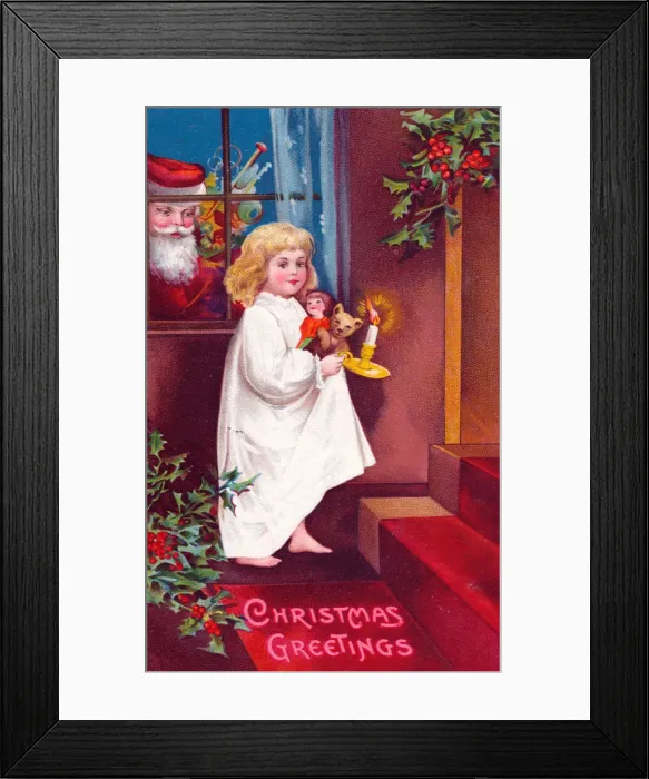 Framed Print : Santa Claus and girl on a Christmas postcard Framed Print : Santa Claus and girl on a Christmas postcard