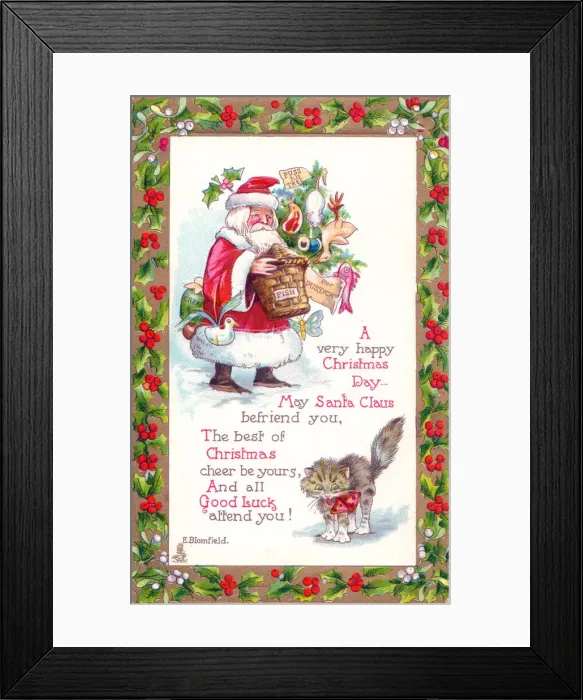 Framed Print : Santa Claus on a Christmas postcard for a cat Framed Print : Santa Claus on a Christmas postcard for a cat