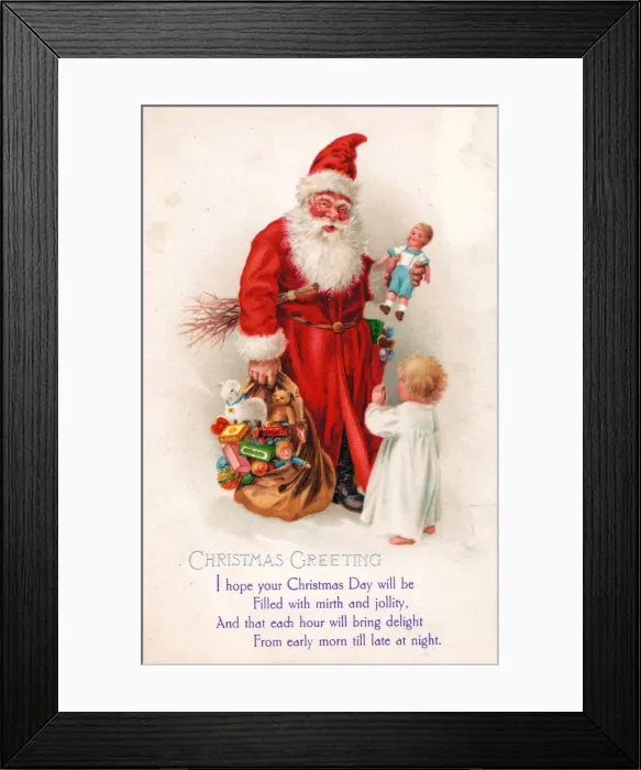 Framed Print : Santa Claus with child and presents on a Christmas postcard Framed Print : Santa Claus with child and presents on a Christmas postcard