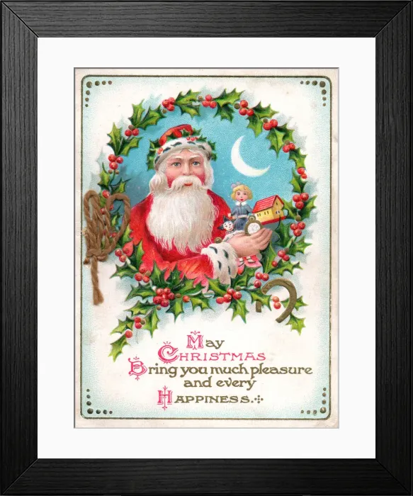 Framed Print : Santa Claus with holly on a Christmas postcard Framed Print : Santa Claus with holly on a Christmas postcard