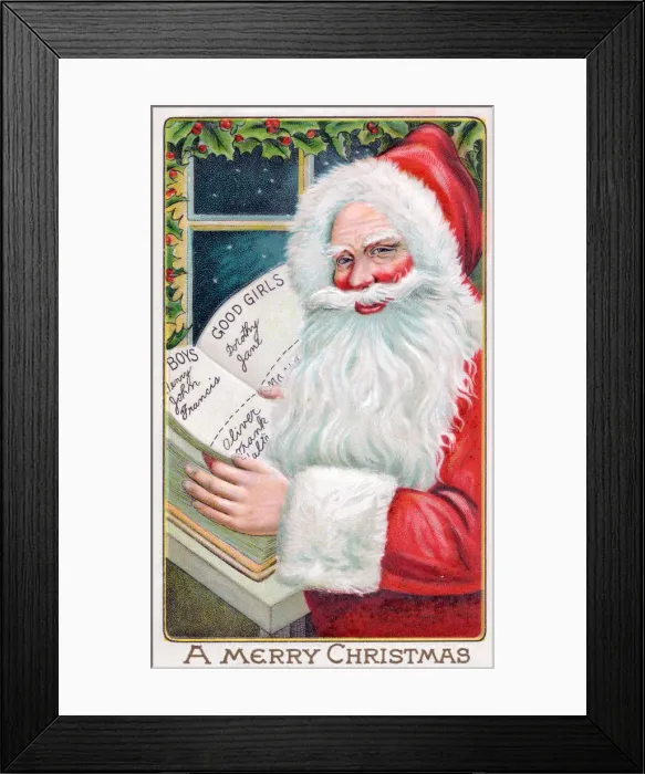 Framed Print : Santa Claus with book on a Christmas postcard Framed Print : Santa Claus with book on a Christmas postcard