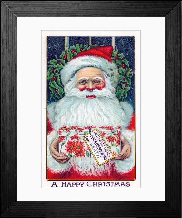 Framed Print : Santa Claus with present on a Christmas postcard Framed Print : Santa Claus with present on a Christmas postcard