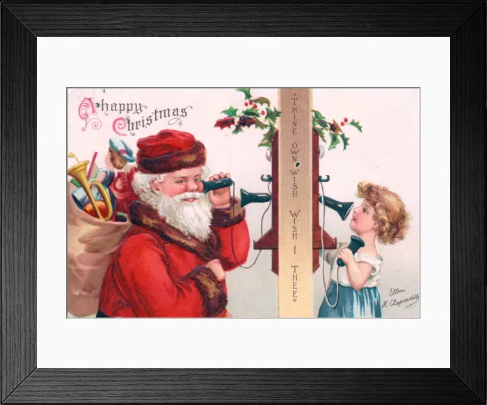 Framed Print : Santa Claus with child and presents on a Christmas postcard Framed Print : Santa Claus with child and presents on a Christmas postcard