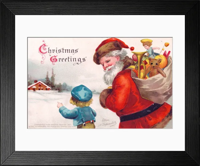Framed Print : Santa Claus with child and presents on a Christmas postcard Framed Print : Santa Claus with child and presents on a Christmas postcard