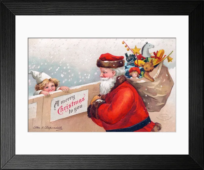 Framed Print : Santa Claus delivering presents on a Christmas postcard Framed Print : Santa Claus delivering presents on a Christmas postcard
