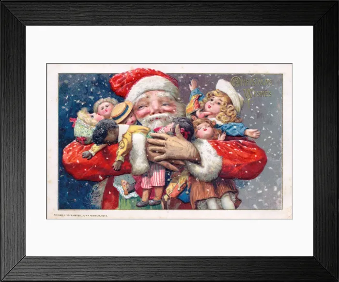 Framed Print : Santa Claus holding presents on a Christmas postcard Framed Print : Santa Claus holding presents on a Christmas postcard