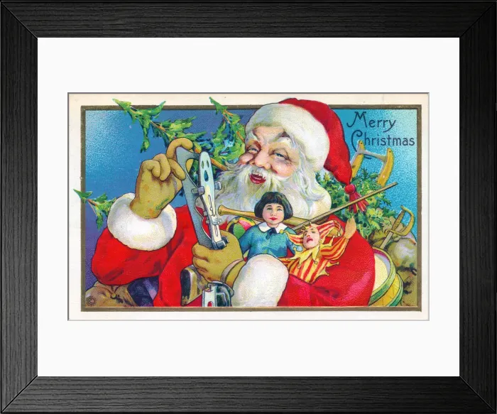 Framed Print : Santa Claus holding presents on a Christmas postcard Framed Print : Santa Claus holding presents on a Christmas postcard