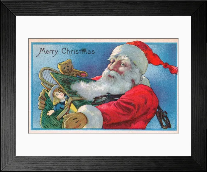 Framed Print : Santa Claus holding presents on a Christmas postcard Framed Print : Santa Claus holding presents on a Christmas postcard