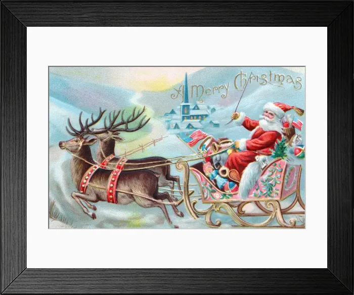 Framed Print : Santa Claus in his sleigh on a Christmas postcard Framed Print : Santa Claus in his sleigh on a Christmas postcard