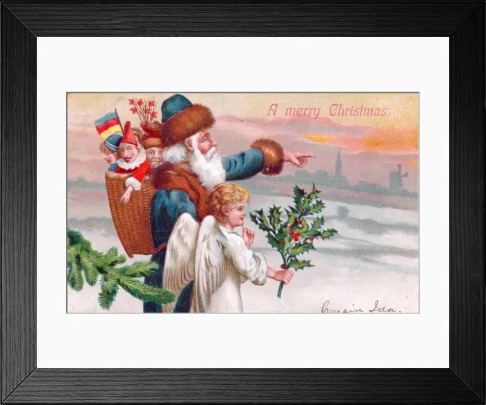 Framed Print : Santa Claus with an angel on a Christmas postcard Framed Print : Santa Claus with an angel on a Christmas postcard
