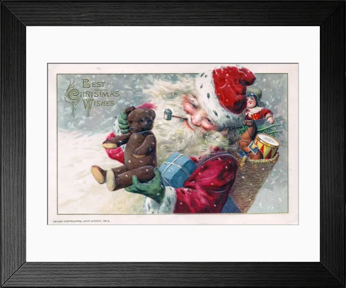 Framed Print : Santa Claus holding a teddy bear on a Christmas postcard Framed Print : Santa Claus holding a teddy bear on a Christmas postcard