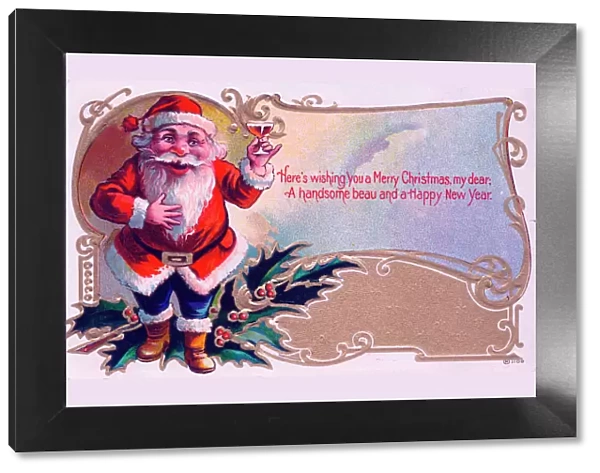 Santa Claus proposing a toast on a Christmas postcard