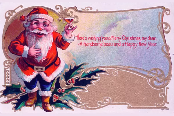 Santa Claus proposing a toast on a Christmas postcard