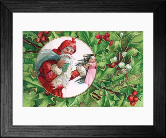 Framed Print : Santa Claus with holly and mistletoe on a Christmas postcard Framed Print : Santa Claus with holly and mistletoe on a Christmas postcard