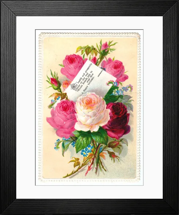 Framed Print : Pink roses on a birthday greetings card Framed Print : Pink roses on a birthday greetings card