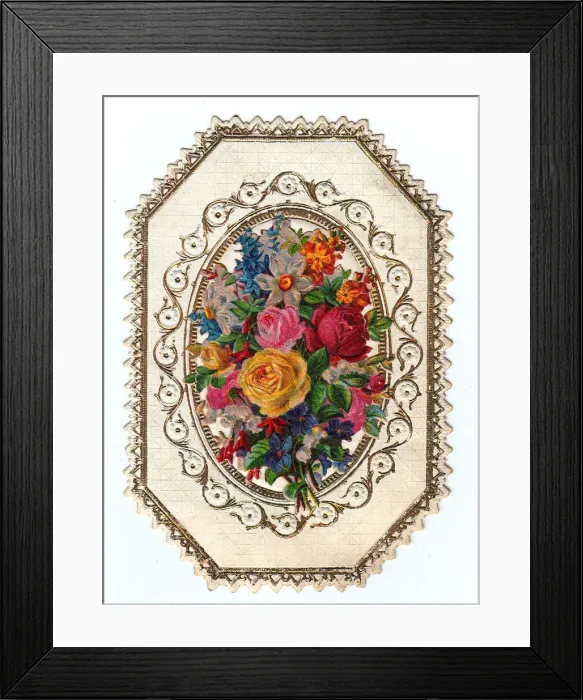 Framed Print : Bunch of assorted flowers on a greetings card