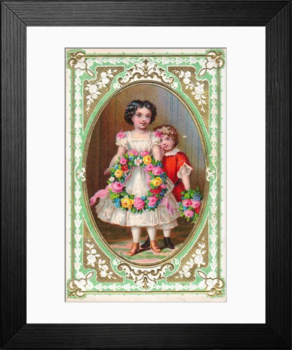 Framed Print : Children with a wreath of roses on an ornate greetings card Framed Print : Children with a wreath of roses on an ornate greetings card
