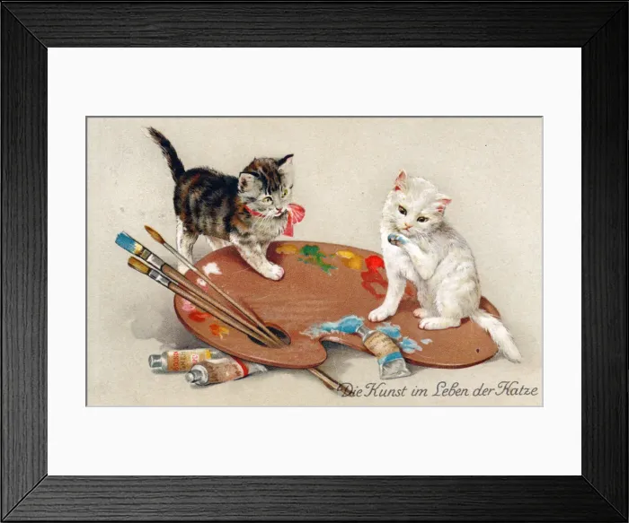 Framed Print : Two kittens on an artists palette on a greetings postcard Framed Print : Two kittens on an artists palette on a greetings postcard