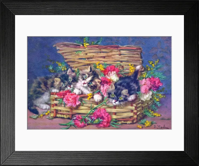 Framed Print : Cats and flowers in a wickerwork basket on a postcard Framed Print : Cats and flowers in a wickerwork basket on a postcard