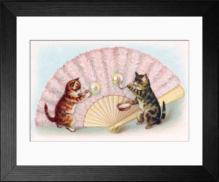 Framed Print : Two cats blowing bubbles on a greetings postcard Framed Print : Two cats blowing bubbles on a greetings postcard