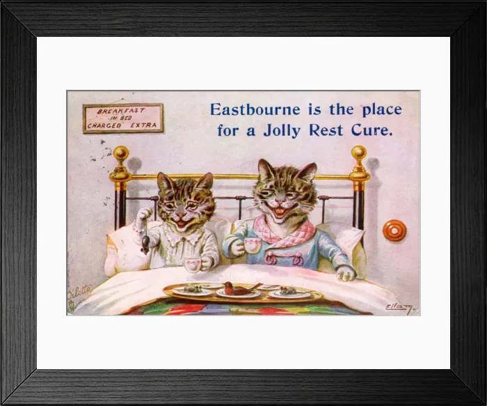 Framed Print : Cat couple in bed on a greetings postcard