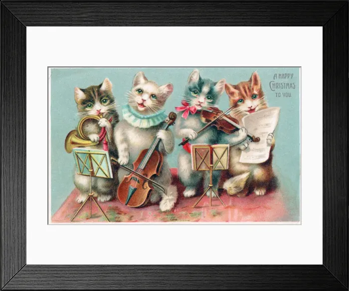 Framed Print : Four musical cats on a Christmas postcard Framed Print : Four musical cats on a Christmas postcard