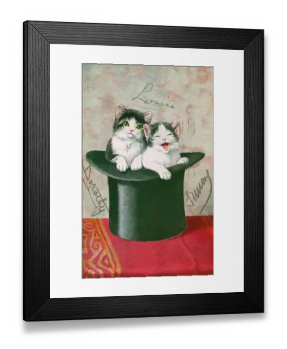 Framed Print : Two kittens in a top hat on a greetings postcard Framed Print : Two kittens in a top hat on a greetings postcard