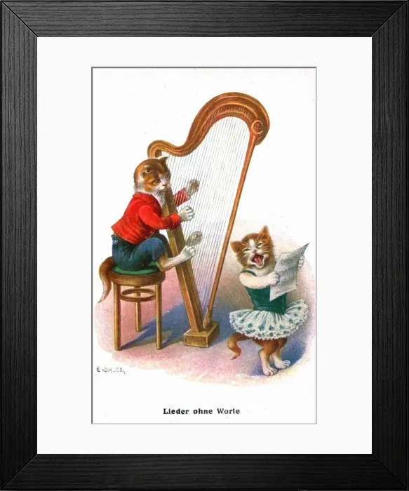 Framed Print : Two musical cats on a German greetings postcard Framed Print : Two musical cats on a German greetings postcard