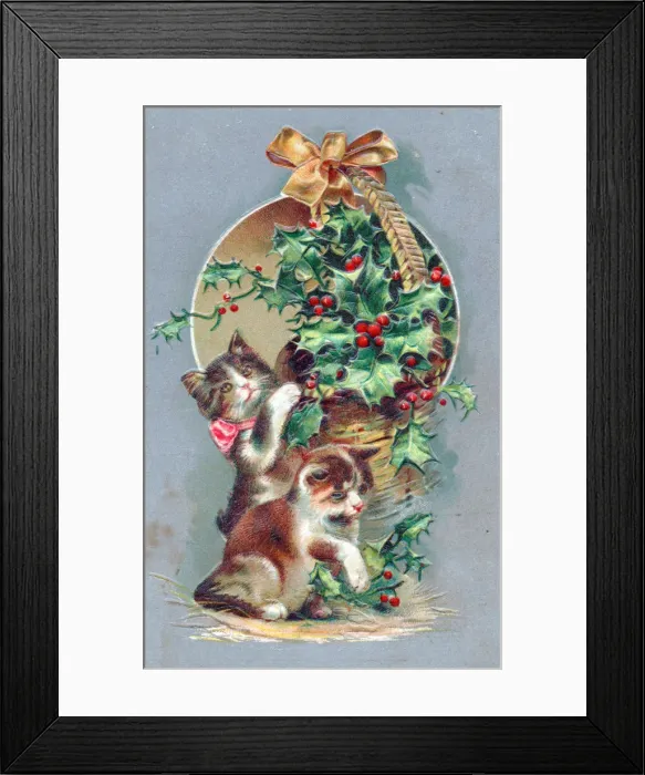 Framed Print : Two kittens with a basket of holly on a Christmas postcard Framed Print : Two kittens with a basket of holly on a Christmas postcard