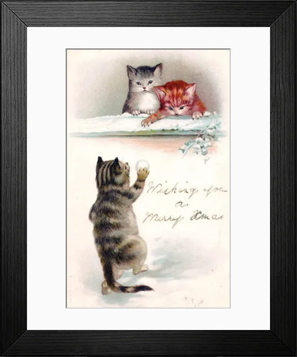 Framed Print : Three cats in the snow on a Christmas postcard