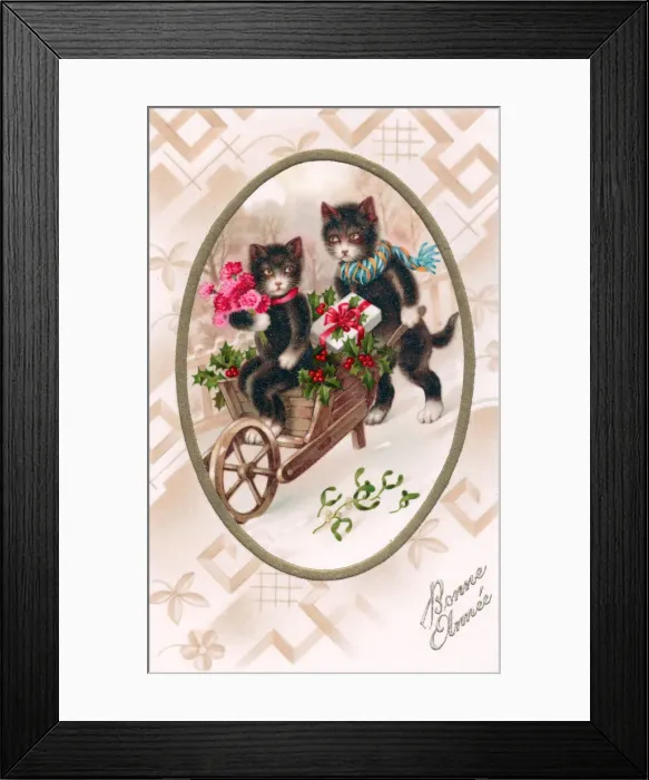 Framed Print : Two cats with wheelbarrow on a French New Year postcard Framed Print : Two cats with wheelbarrow on a French New Year postcard